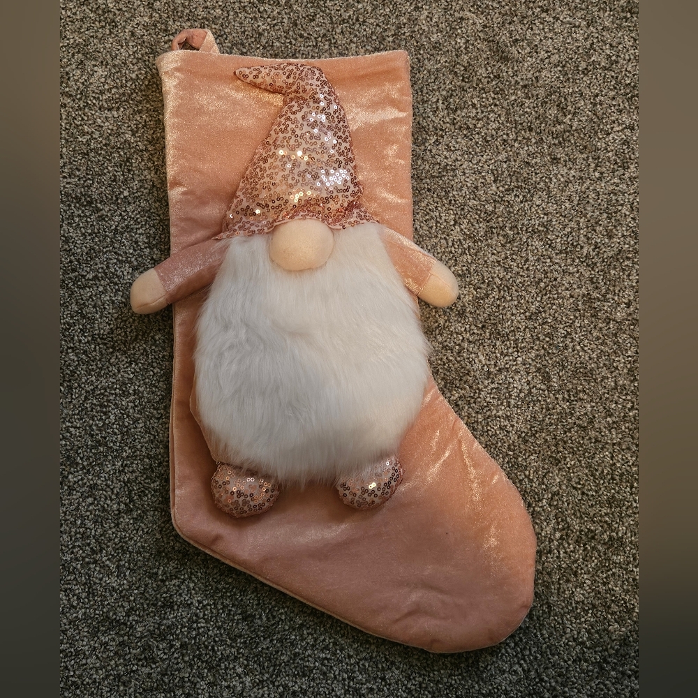 NEW! Rose Pink GNOME Stocking Sequin Sparkle Christmas Decor Brand New